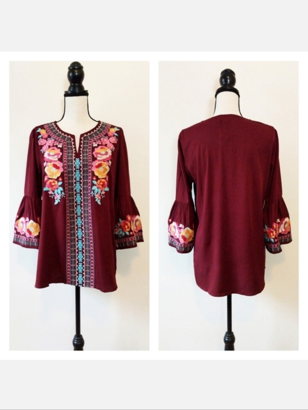 NWT Andrée Wine Embroidered Top, Size Medium